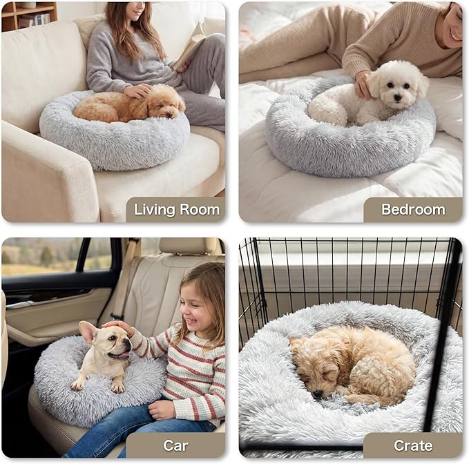 Calming Dog Bed, 24" x 24" x 6" Fits Cat & Dog, Anti-Slip Round Washable Faux Fur for Doze Off, Napping Orthopedic, Grey