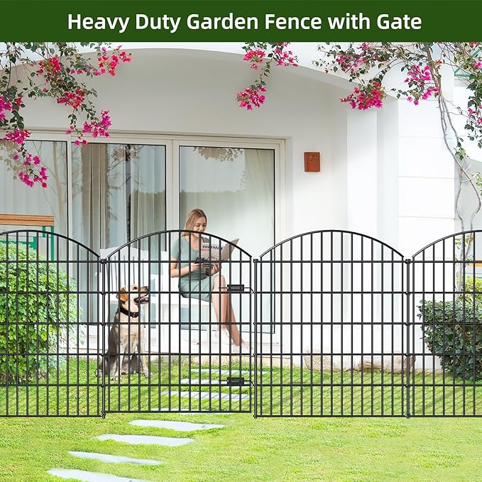 Metal Garden Gate and Fences Outdoor ECG1191, 1 Gate + 4 Fence Panels,43.2in Tall and Total Length 14.75ft, Heavy Duty Fencing for The Yard Privacy Temporary Animal Barrier for Dog, Black