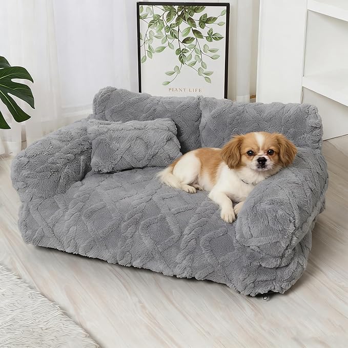 Plush Calming Pet Sofa Bed, Raised Rim, Removable Cover & Non-Slip Bottom for Cats & Dogs, Calming Dog Bed Fluffy Plush Dog Mat for Furniture Protector with Removable Washable Cover (Grey, Medium)