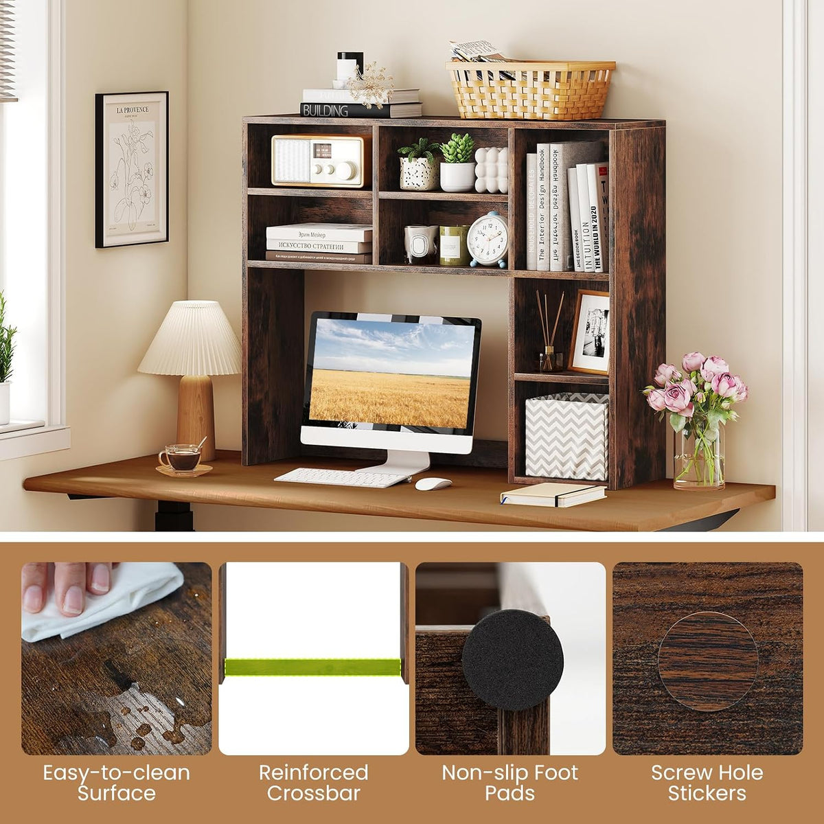 MAT EXPERT Wooden Desktop Bookshelf, Countertop Desk Hutch w/ 7 Cubes & Adjustable Shelves, Anti-toppling Kits, Table Top Organizer Shelf Fits Monitors up to 27” for Dorm, Office, Study (Rustic Brown)