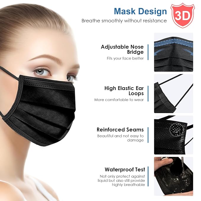 NNPCBT Black Disposable Face Masks 125 Pack, 3-Ply Breathable Mask