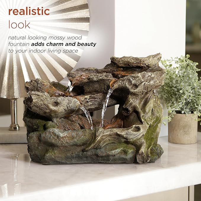 Alpine Corporation WIN1334 10" Tall Tabletop 3-Tier Waterfall Rock Fountain with LED Lights, Indoor Decorative Water Feature for Desk, Table, Office, and Home, Brown