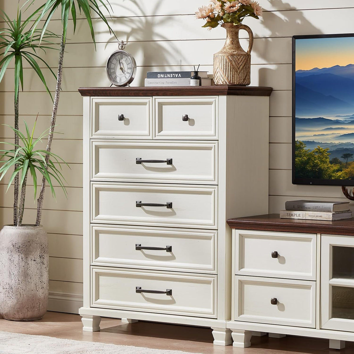 SAVOR LIFE Farmhouse 6 Drawer Dresser for Bedroom, 45 Inch Tall Vintage Wood Chest of Drawers, Rustic Dressers w/Square Wooden Legs, Mid-Century Storage Organizer for Living Room, Hallway, White