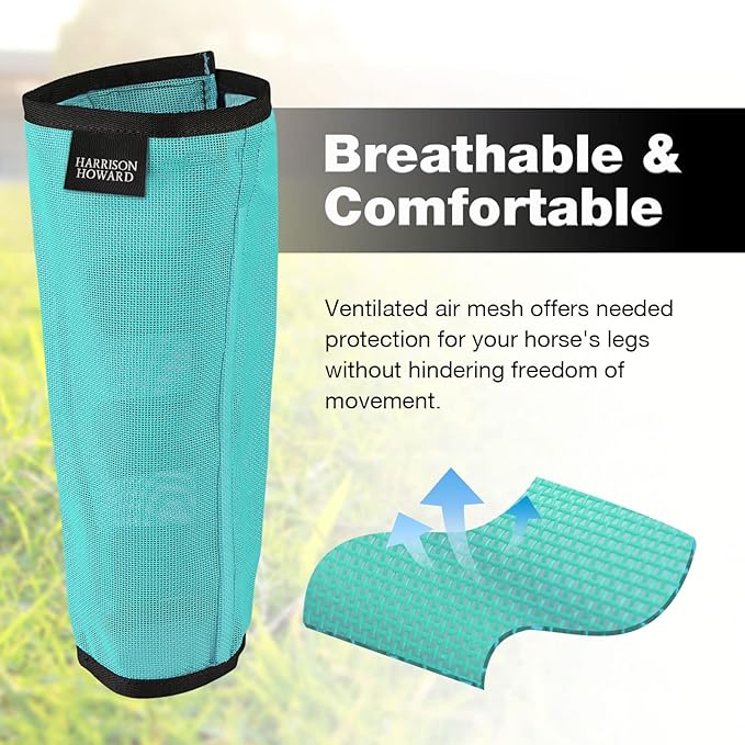 Harrison Howard Loose Fitting Fly Boots UV-Protective Extra Tough Mesh Ventilated Four Fasteners Stay-on Design Protect Horse Legs & Stomp-Reducing Set of 4 Mint Large