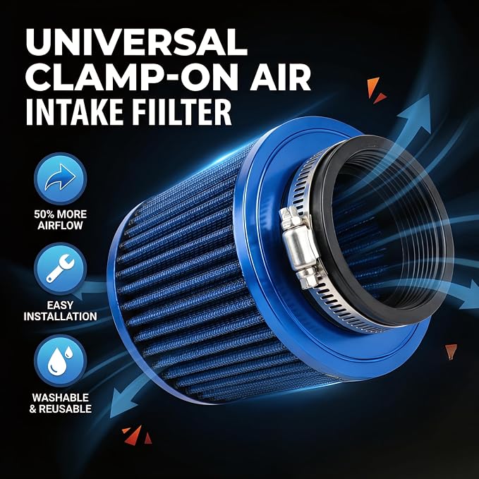 Universal Clamp-On Air Intake Filter, High Performance, Washable Filter