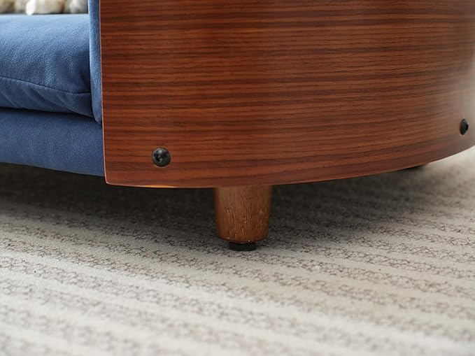 Scandinavian Style Elevated Dog Bed, Pet Sofa with Solid Wood Frame & Walnut Bent Wood Back, Orthopedic Support, Removable Washable Velvet Cover, Small Size, Dark Blue