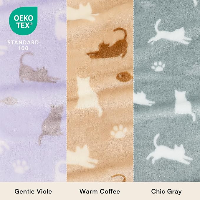 Luciphia 1 Pack 3 Blankets, Cute Cat Printed Fluffy Fleece Pet Blanket for Dogs Cats Washable, Warm Soft Throw Cover for Crate Couch, Gifts Puppy Essentials, Purple/Grey/Khaki, Large (41x31 inch)