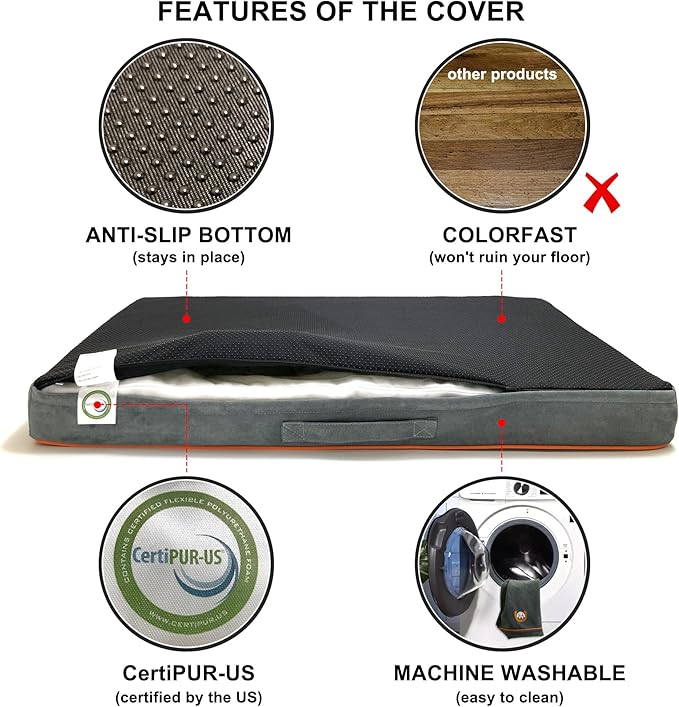 Hard-Wearing Orthopedic Dog Bed for Crate, 47x29 Inch, Made of Memory and HR Foam, Two-Sided Use, Providing Soft and Relatively Hard Support, with an Extra Inner Waterproof Protector (Gray)