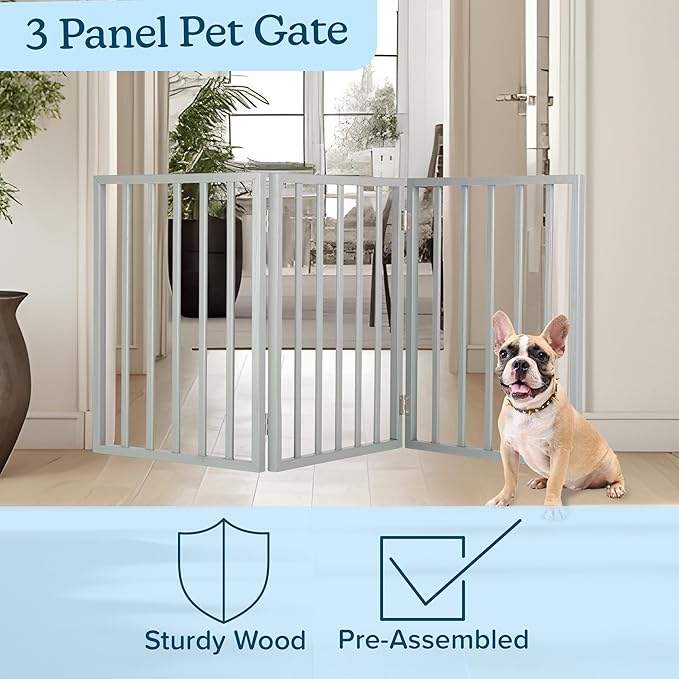 Pet Gate - 3-Panel Indoor Foldable Dog Fence for Stairs, Hallways, or Doorways - 54x24-Inch Retractable Wood Freestanding Dog Gates by PETMAKER (Gray)