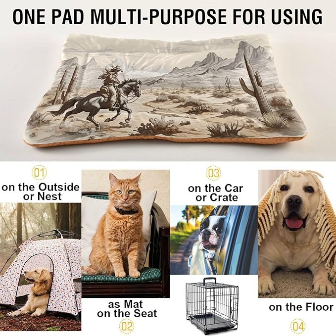 Western Desert Cowboy Dog Bed Cat Bed with Non-Slip Bottom, Kennel Bed Crate Soft Pet Bed Mattress Washable Pets Bed Pad for Small Medium Large Dogs Cats,36x24in