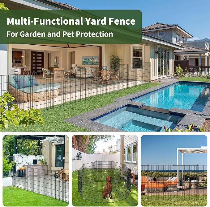 10 Panels Garden Fence Dog Fence Outdoor for Yard,32in H x 23.6ft L Rustproof Metal Fencing with Ground Stakes|No Dig Temporary Animal Proof Containment for Pets/Rabbits|Durable Patio Security Panels