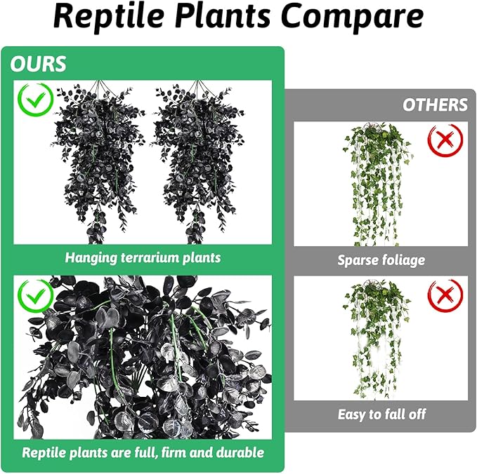 Hamiledyi 6 PCS Reptile Plants, Hanging Terrarium Plants, Artificial Leaves Habitat Decorations with Suction Cup, Fake Amphibian Plants for Bearded Dragon Lizard Hermit Crab Geckos Chameleon(Black)