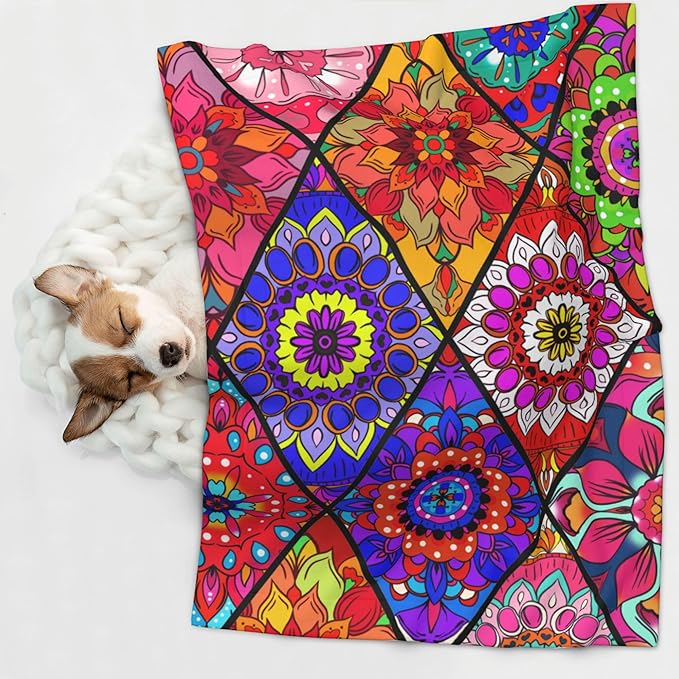 Colorful Boho Throw Blanket - Mexican Flowers Blanket Floral Bohemian Pet Blankets 23x16 for Dog Cat