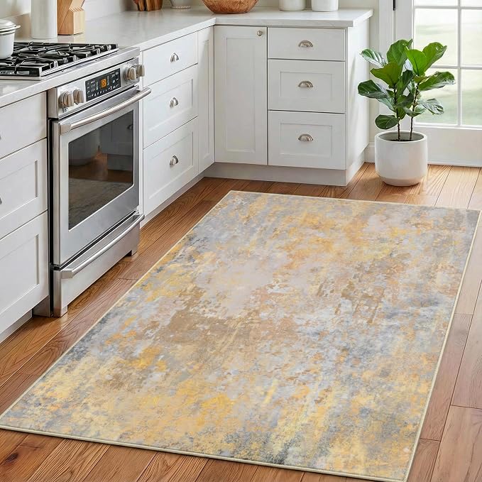 Beige Gold Entryway Rug 3x5 Door Mat Indoor Entrance 36x60, Washable Small