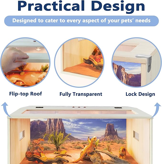PROLEE Tempered Glass Bearded Dragon Tank,Wooden Reptile Tank and Lizard Tank, Large Bearded Dragon Enclosure with Built-in Lamp Fixture, Snake Tank (Wooden-Topped roof, 40inch,60 Gallons)