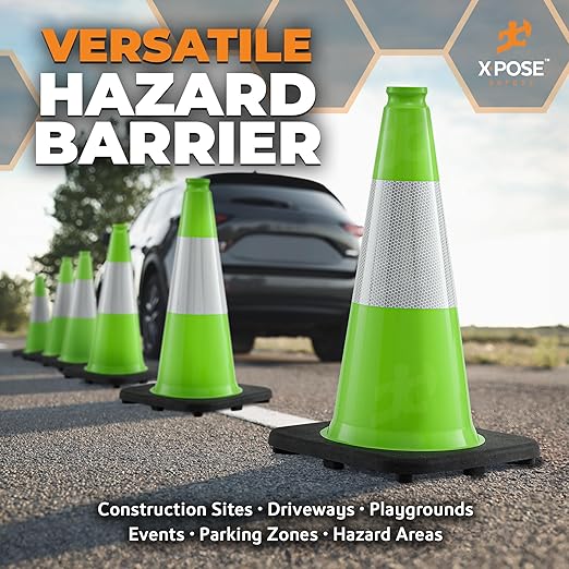 Xpose Safety 18” Lime Green Traffic Cone - 6" Reflective Collar – 1 Pack Premium PVC Safety Cone for Parking, Caution, Construction, Road Crews, Emergency Vehicle - DOT Approved