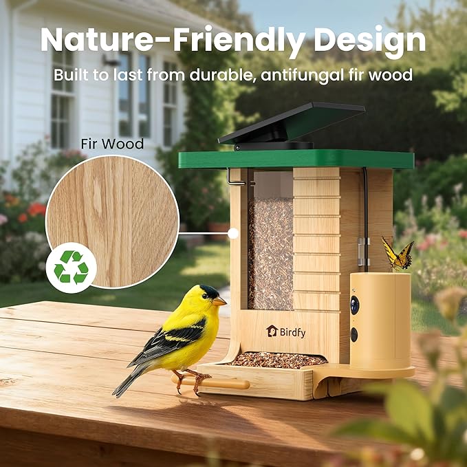 Birdfy Smart Bird Feeder with Camera Solar Powered, Slow-Motion Video & Night Insight, AI Identify 6000+ Species Lifetime Free, Ideal for Outdoors Bird Watching & Gifts for BirdLovers, Wood