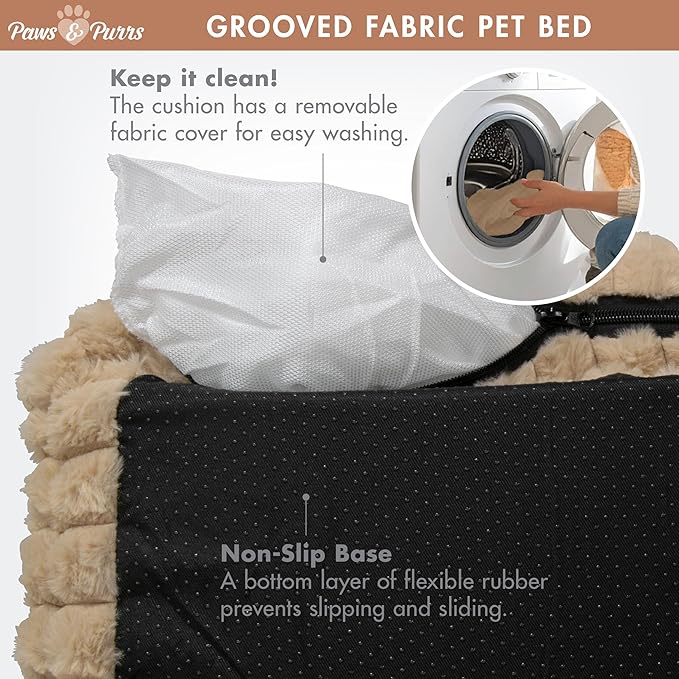 Grooved Pet Bed for Small to Medium Dogs or Cats, Soft Ribbed Corduroy-Style Polyester Fabric, Supportive Bolsters, Removable Cover, Non-Slip Base, Sofa Pet Lounger with Mini Play Cushion, Camel