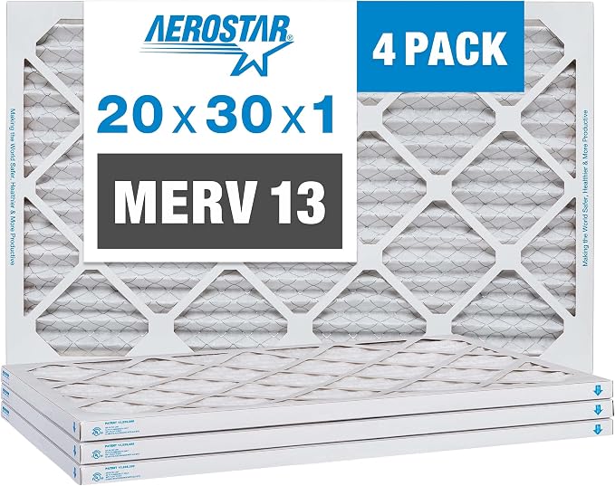 Aerostar 20x30x1 MERV 13 Pleated Air Filter, AC Furnace Air Filter, 4 Pack
