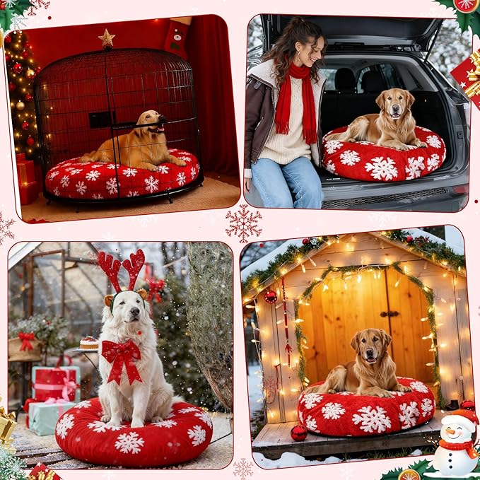 Oudain Dog Bed Cover 30 x 30 x 10 Red Snowflakes Waterproof Round Dog Bed Cover Replacement Washable for Round Dogs Beds Valentine's Day Christmas Winter Decor Scratch Resistant Mattress Protector