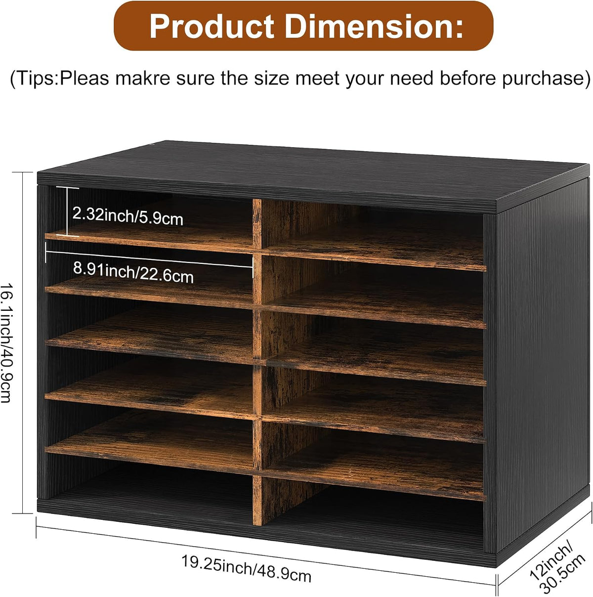 Alpeir Classroom Mailbox 12 Slots with Removable Shelves, Black/Rustic