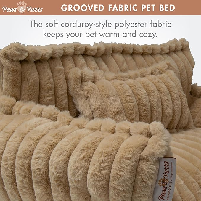 Grooved Pet Bed for Small to Medium Dogs or Cats, Soft Ribbed Corduroy-Style Polyester Fabric, Supportive Bolsters, Removable Cover, Non-Slip Base, Sofa Pet Lounger with Mini Play Cushion, Camel