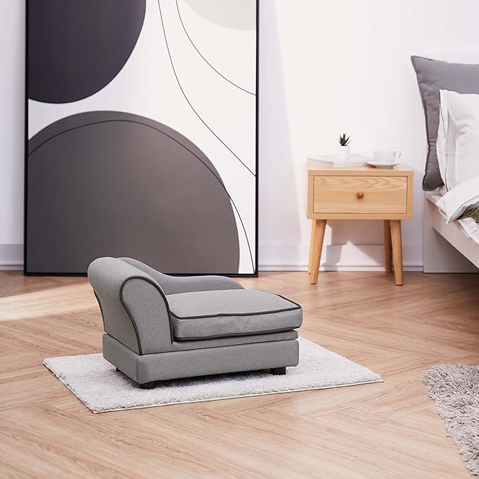 Teamson Pets Ivan 22 Inch Long Upholstered Chaise Lounge Sofa Dog Bed with Removable Cushion and Underneath Storage for Cats & Small Dogs, Light Gray