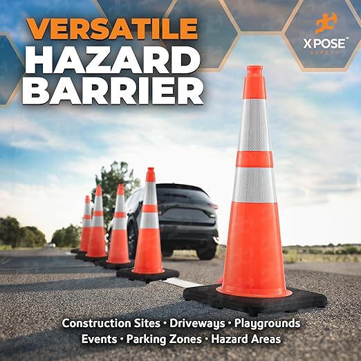 Xpose Safety 28 Inch Orange Slim Line Traffic Cones with 6" & 4" Collars, 4 Pack Multipurpose PVC Plastic Safety Cone for Parking, Soccer, Caution, Kids & Construction - DOT Approved