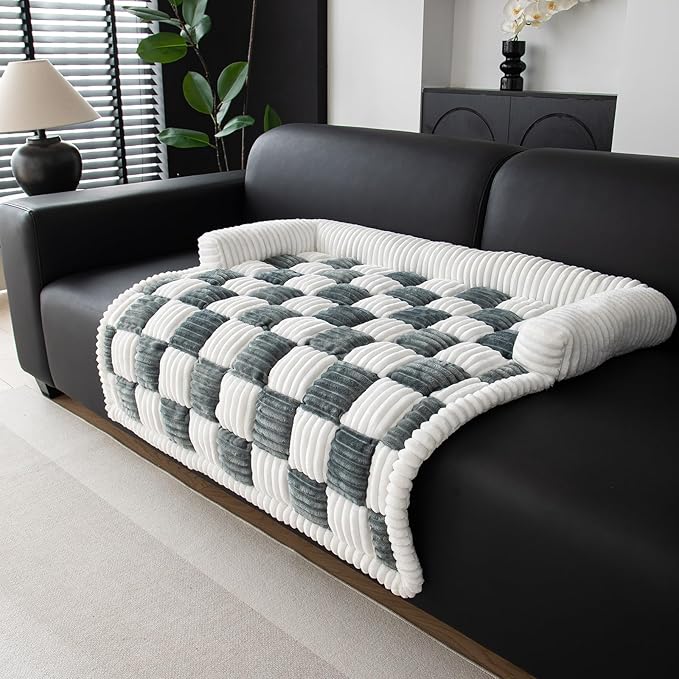 LiveGo Fuzzy Pet Couch Covers for Sofa, Dog Couch Cover Fuzzy Sofa Cover Cream Square Plaid Dog Bed Plush Dog Mat for Furniture Protector for Large Medium Dogs and Cats