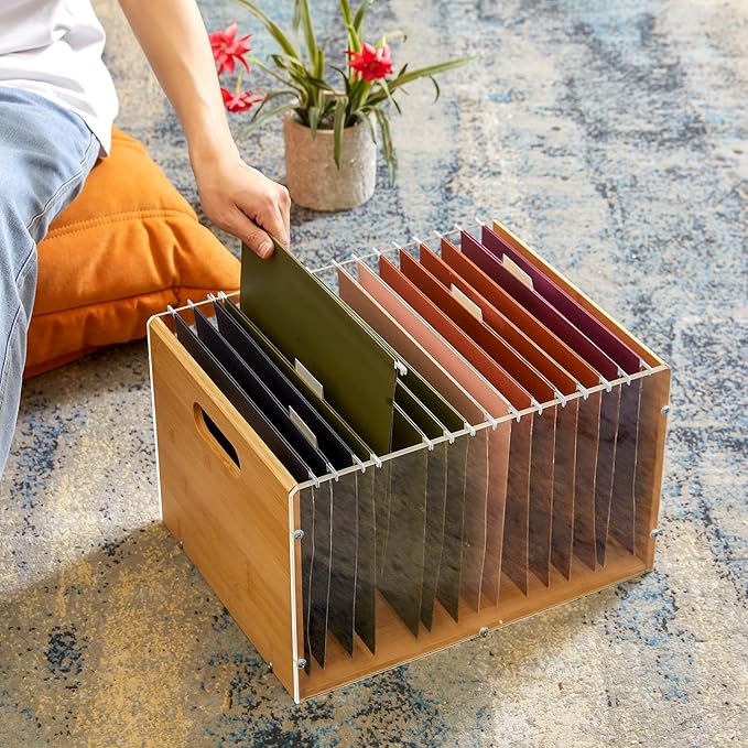 Letter/Legal Bamboo Acrylic File Box Organizer, Hanging File Folder Storage Boxes, Decorative Document Crate Transparent Filing Bin with Handle for Home Office Desk