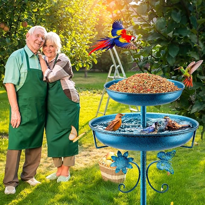 Daoeny Bird Bath for Outside, 42In Vintage Freestanding Birdbaths for Outdoors, Double Metal Bird Bath Feeder Bowls for Garden Patio Yard Lawn Decor, Upgraded 5-Pronged Base (Blue)
