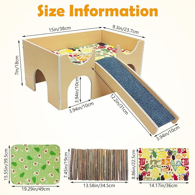 Fhiny Guinea Pig Hideout, Wooden Guinea Pig Castle with Ramp Bridge and Soft Mat Large Small Animal House Piggies Hideaway Hamster Habitat Decor for Chinchilla Hedgehog Squirrel Hamster Gerbil Rat