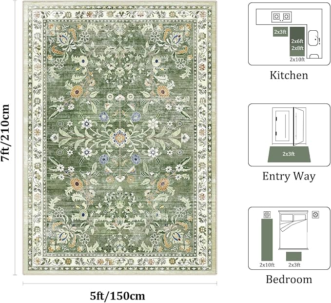 Yamaziot Washable Area Rug 5x7 – Non-Slip Boho Floral Living Room Rug
