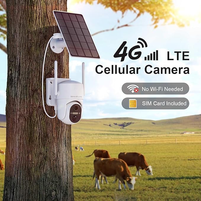 HOSAFE.COM 4G LTE Cellular Solar Security Camera Wireless Outdoor, No WiFi Security Camera, Off Grid 2K Color Night Vision 360° Live View,Built-in SIM Card with Cloud Storage for Barn Farm Jobsite
