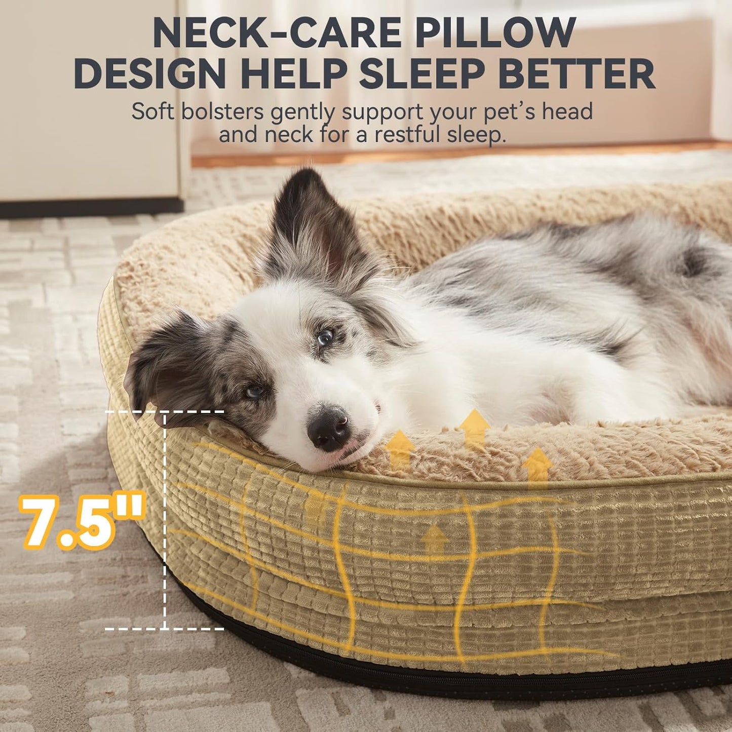 JOEJOY Orthopedic Dog Beds Large Sized Dog, Egg-Crate Memory Foam Pet Couch Bed with Bolster Sides, Waterproof Lining, Removable Washable Cover & Non-Slip Bottom, Light Brown