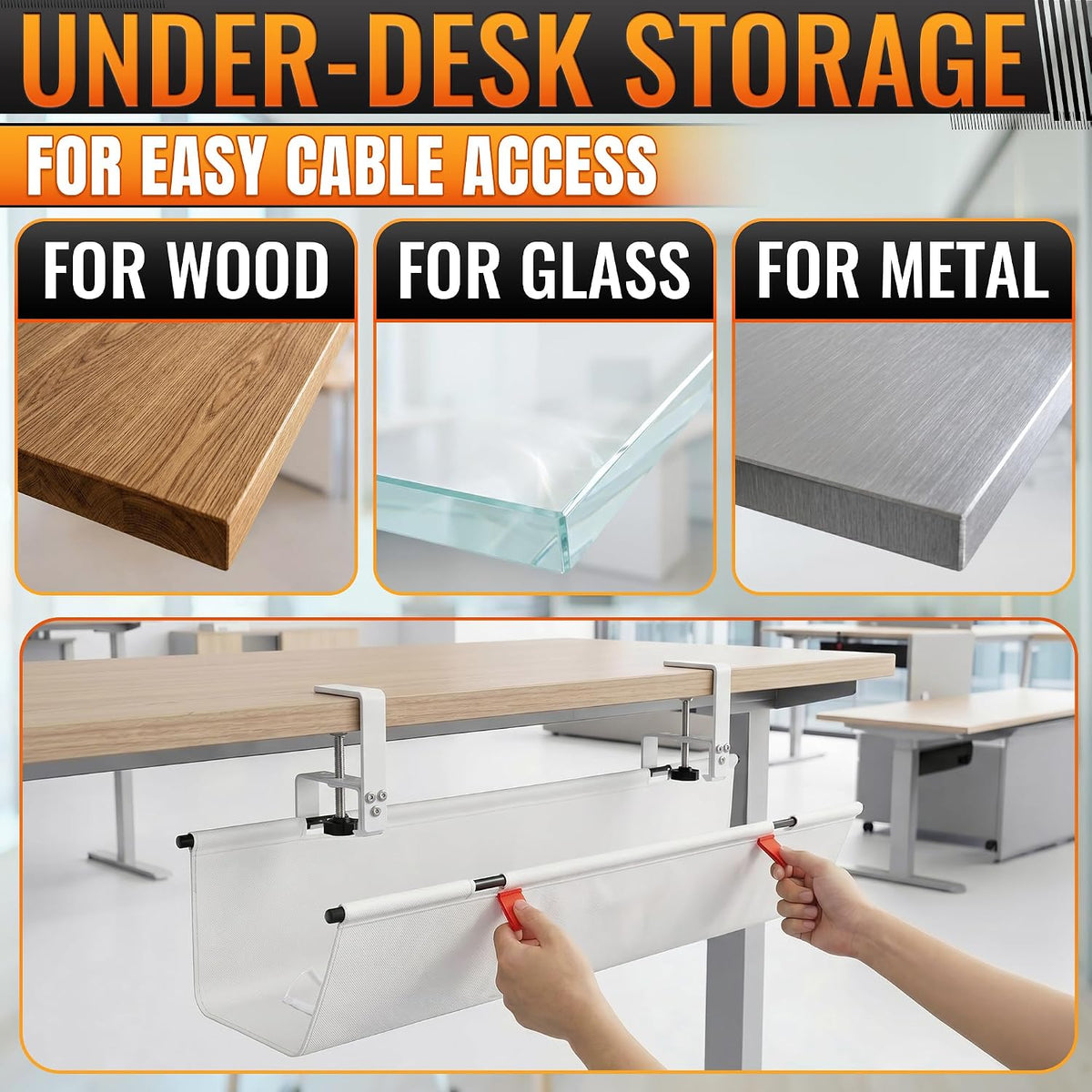 Under Desk Cable Management Tray 28" — No Drill Clamp-On Cord Organizer for Desk with Built-in Ties, Heavy Duty Metal Clamp, Foldable 600D Oxford Fabric for Home Office, WFH & Gaming PC Setup (White)