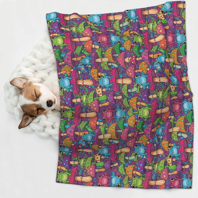 Reversible Plush Dot Pet Blanket for Dogs and Cats, Watercolor Frogs Trippy Mushroom Cartoon, Ultra Soft Two Sided Design with Warm Fuzzy Side and Smooth Side for Comfort