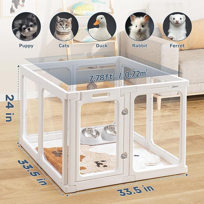 Jalove Clear Dog Playpen Indoor, 24" Acrylic Plastic Pet Play Pen with Door, Playpen for Puppy Cat Rabbit Ferret, Easy to Install Preferable Playpen for Small Dogs, Customizable, White 8 PCS