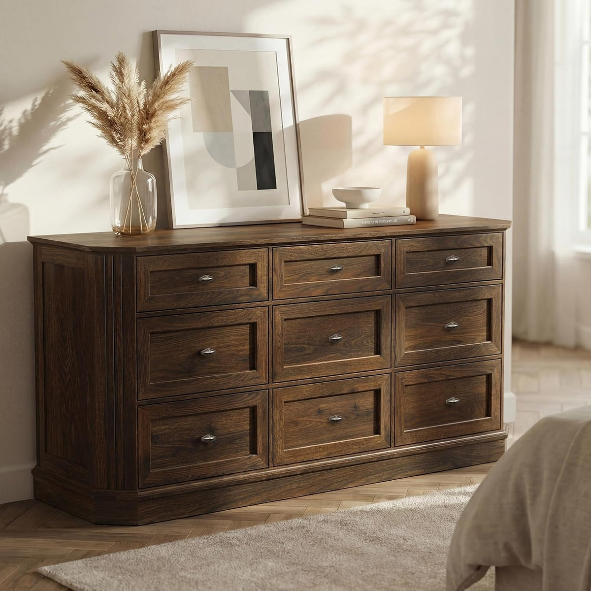 Farmhouse 9 Drawers Walnut Dresser for Bedroom, 63.07" Wide Chest of Drawers w/Charging Station & Vintage Beveled Design, Wood Long Dresser TV Stand,Closet Clothes Storage Organizer for Living Room