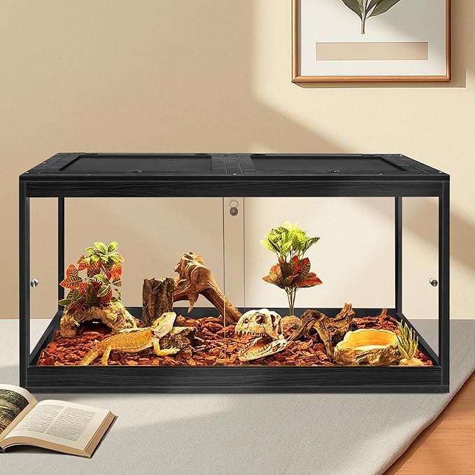 PROLEE Bearded Dragon Tank,60 Gallon Reptile Tank with Meatl Mesh Roof and Front Sliding Door, Lizard Tank,Spacious Reptile Enclosure for Snakes,Lguanas, Chameleons (Black)