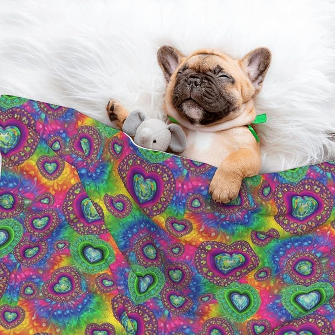 Reversible Plush Dot Pet Blanket for Dogs and Cats, Tie Dye Psychedelic Purple Love Heart, Ultra Soft Two Sided Design with Warm Fuzzy Side and Smooth Side for Comfort