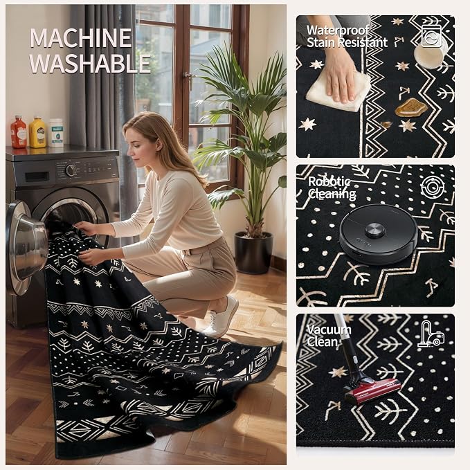 SERISSA 4x6 Area Rugs for Living Room, Washable Non-Slip Black Gold Grad Boho