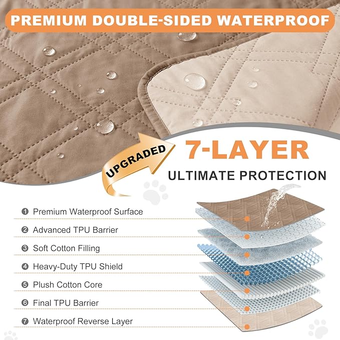 100% Waterproof Dog Couch Protector, Triple-Layer Waterproof Dog Bed Cover Pet Blanket Reversible 2-Tone Sofa Shield, Non-Slip Furniture Guard for Pets(68×82 Inch, Taupe+Apricot)