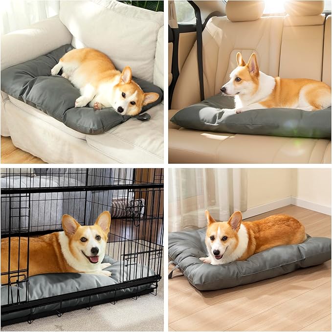 Chew Resistant Waterproof Dog Bed for Medium Dogs - Durable 35"x22" Kennel Pad with Soft Plush Filling, Machine Washable Crate Mat for Aggressive Chewers, Indoor Outdoor Pet Bed, Gray
