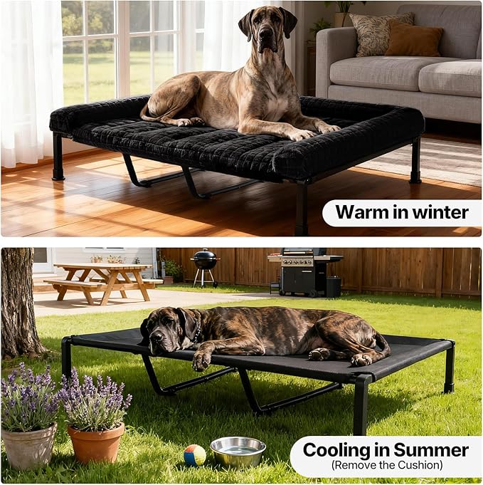 Veehoo Elevated Dog Beds Large Sized Dog with Fluffy Plush Bolster Cushion, Washable Orthopedic Dogs Couch Bed, Raised Pet Cot with Removable Mat, Breathable Mesh, No-Slip Feet, 59 x 37 inches, Black