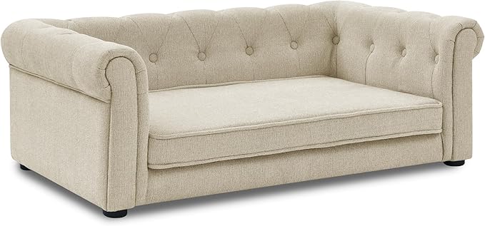 38.9" Elevated Dog Sofa with Button‑Tufted Backrest & Rolled Armrests, Pet Couch Bed with Removable Soft Cushion, Comfortable Upholstery Raised Dog Bed with Thick Padding for Living Room,Bedroom