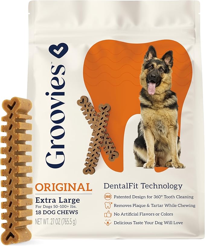 Groovies Flexible, Built to Last Dog Dental Chews, Contact-Cleaning Design Supporting Tartar Control & Fresh Breath, Oral Care Treats, USA Manufactured, Patented DentalFit Tech, XLarge Dogs, 18 Chews