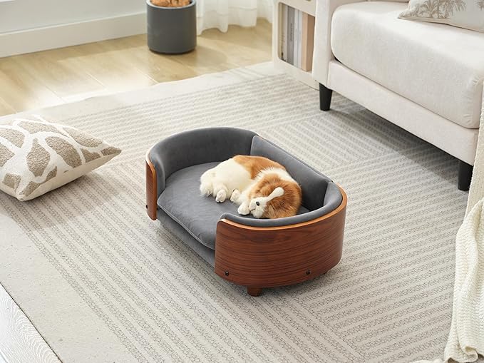 Scandinavian Style Elevated Dog Bed, Pet Sofa with Solid Wood Frame & Walnut Bent Wood Back, Orthopedic Support, Removable Washable Velvet Cover, Small Size, Dark Grey