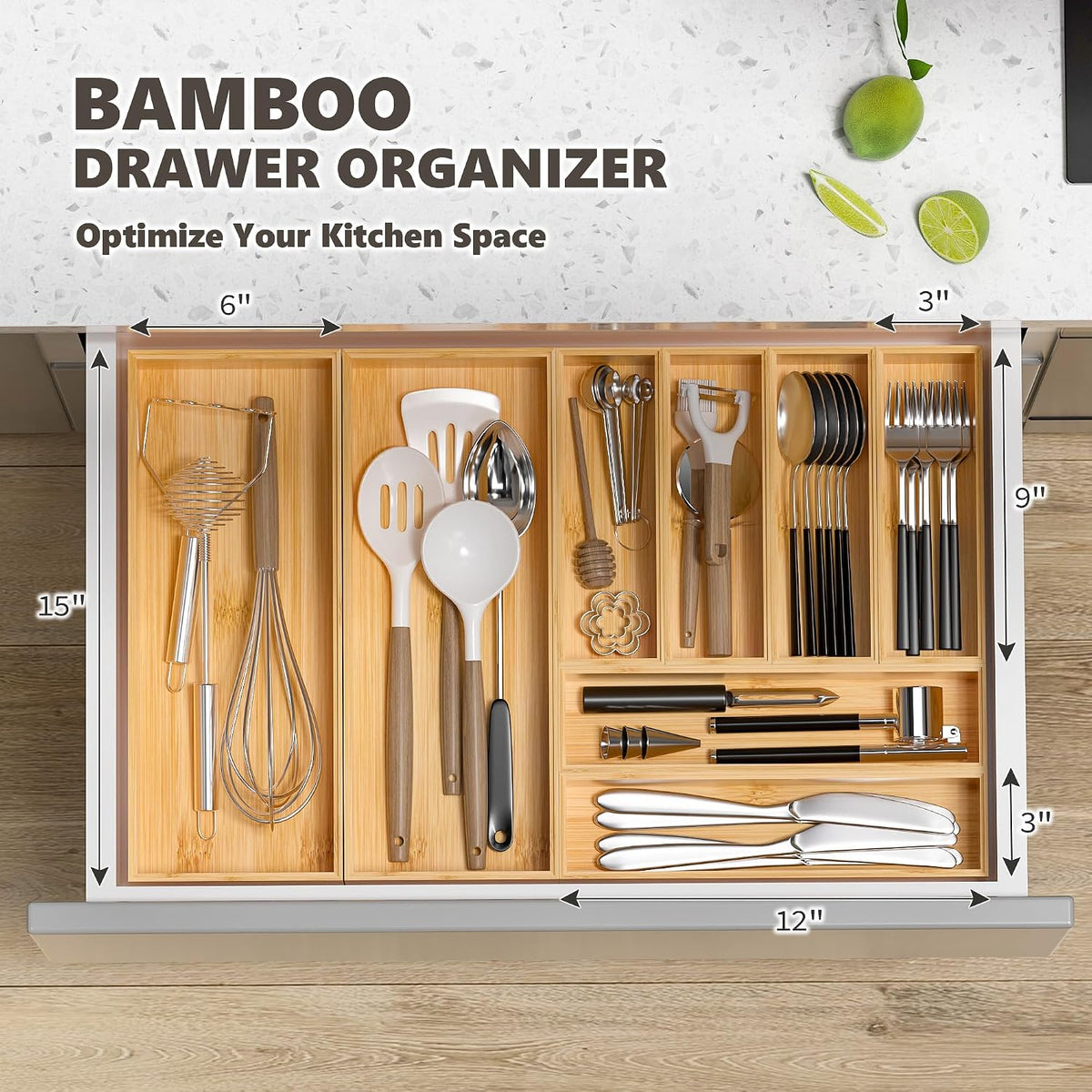 Bamboo Kitchen Drawer Organizer, Deep 2-Pack, 17" x 6" x 2.5"