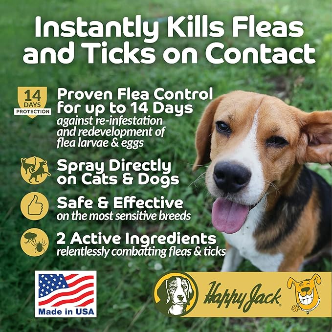 Happy Jack DD-33 (EPARN 2781-41) Flea and Tick Spray for Dog and Cat, Flea Treatment & Control, Water-Based Formula Kills Fleas & Ticks Effectively Yet Gentle on Skin & Hair, 16 oz